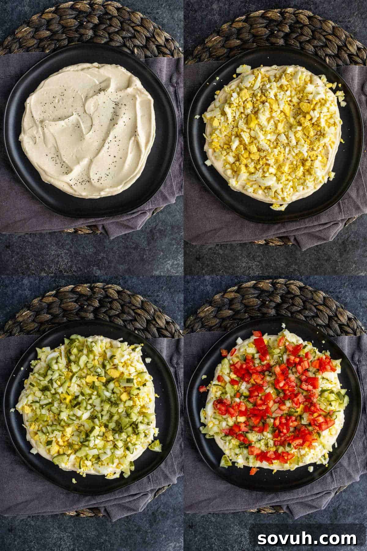 Viral TikTok Layered Egg Salad Dip Recipe 4 Four overhead images show the step-by-step layering of a TikTok egg salad dip: hummus, chopped eggs, chopped pickles, and diced tomatoes on a black plate.