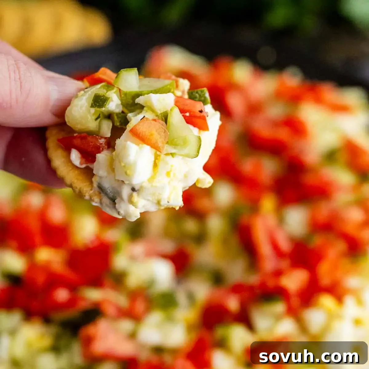 Viral TikTok Layered Egg Salad Dip Recipe 7 A hand holds a cracker topped with a creamy layered egg salad dip, mixed with chopped tomatoes, cucumbers, and other vegetables.