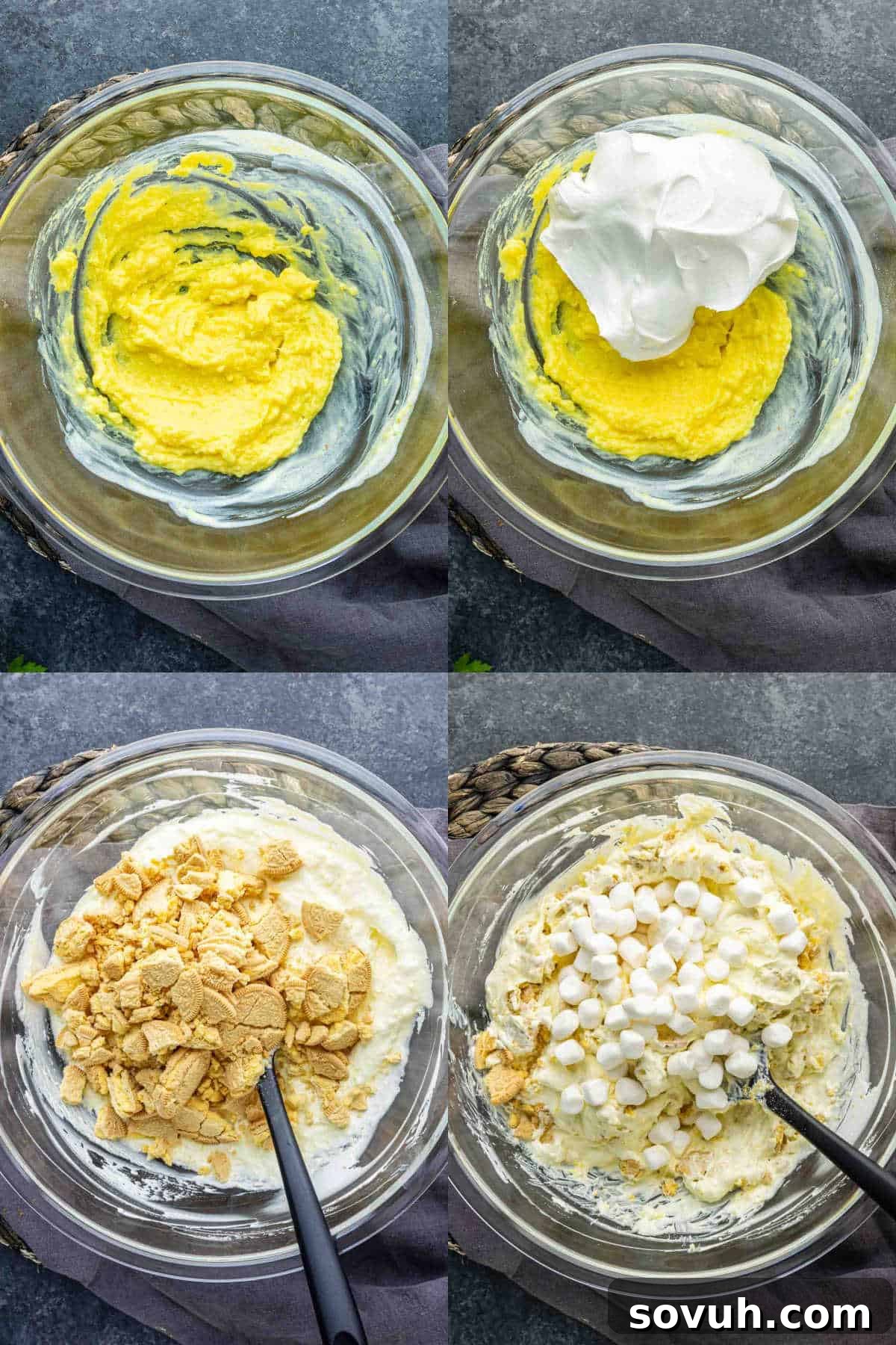 Lemon Cookie Salad: Bright Midwestern Dessert Twist 4 Four-step collage showing a glass bowl with yellow pudding mixture, whipped topping added, crushed cookies mixed in, and mini marshmallows on top—all the steps to make a classic lemon dessert salad with a black spatula.