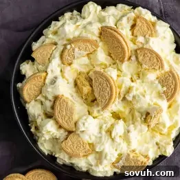 Lemon Cookie Salad: Bright Midwestern Dessert Twist 8 A bowl of creamy lemon dessert salad topped with whole and halved golden sandwich cookies, placed on a dark cloth surface.