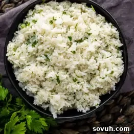 Fluffy Coconut Lime Rice Recipe with Fresh Citrus Flavor 7 A black bowl of white rice with chopped green herbs.