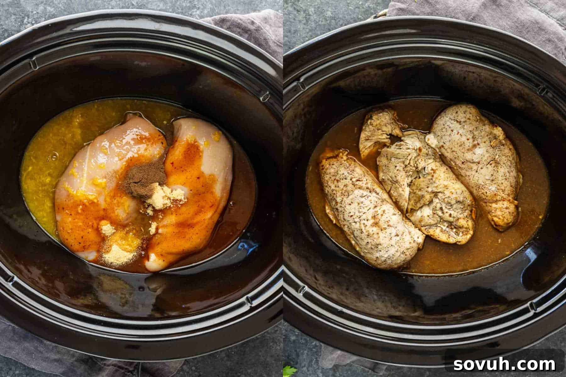 Slow Cooker Jerk Chicken Recipe 4 Two photos of a slow cooker: left shows raw chicken breasts with spices and sauce; right shows the same chicken cooked in the liquid.