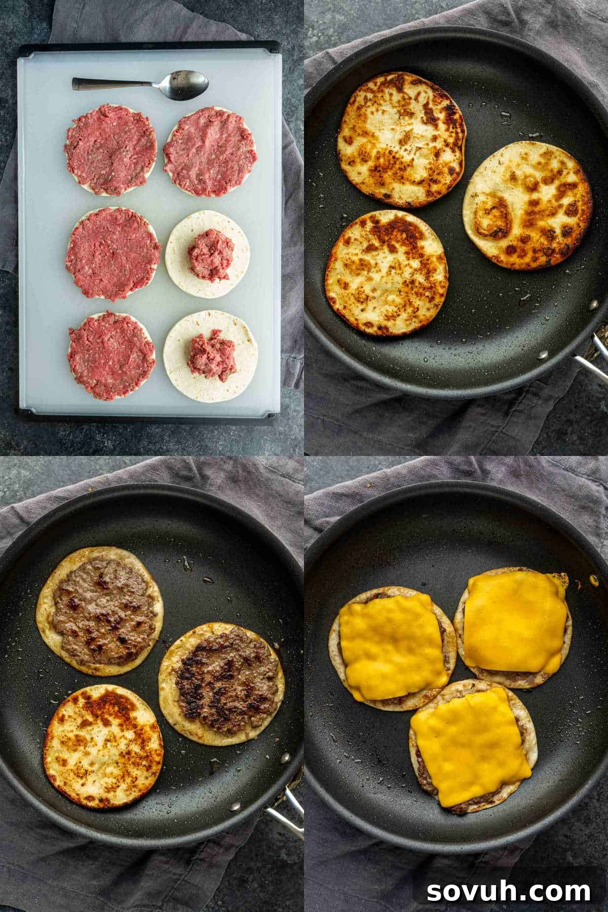 Big Mac-Style Smash Tacos with Homemade Big Mac Sauce 4 Four-step process: raw hamburger patties on a board, then toasted buns in a pan, cooked patties with buns, and finally, patties topped with melted cheddar cheese—an easy weeknight dinner inspired by the viral Big Mac smashed tacos trend.