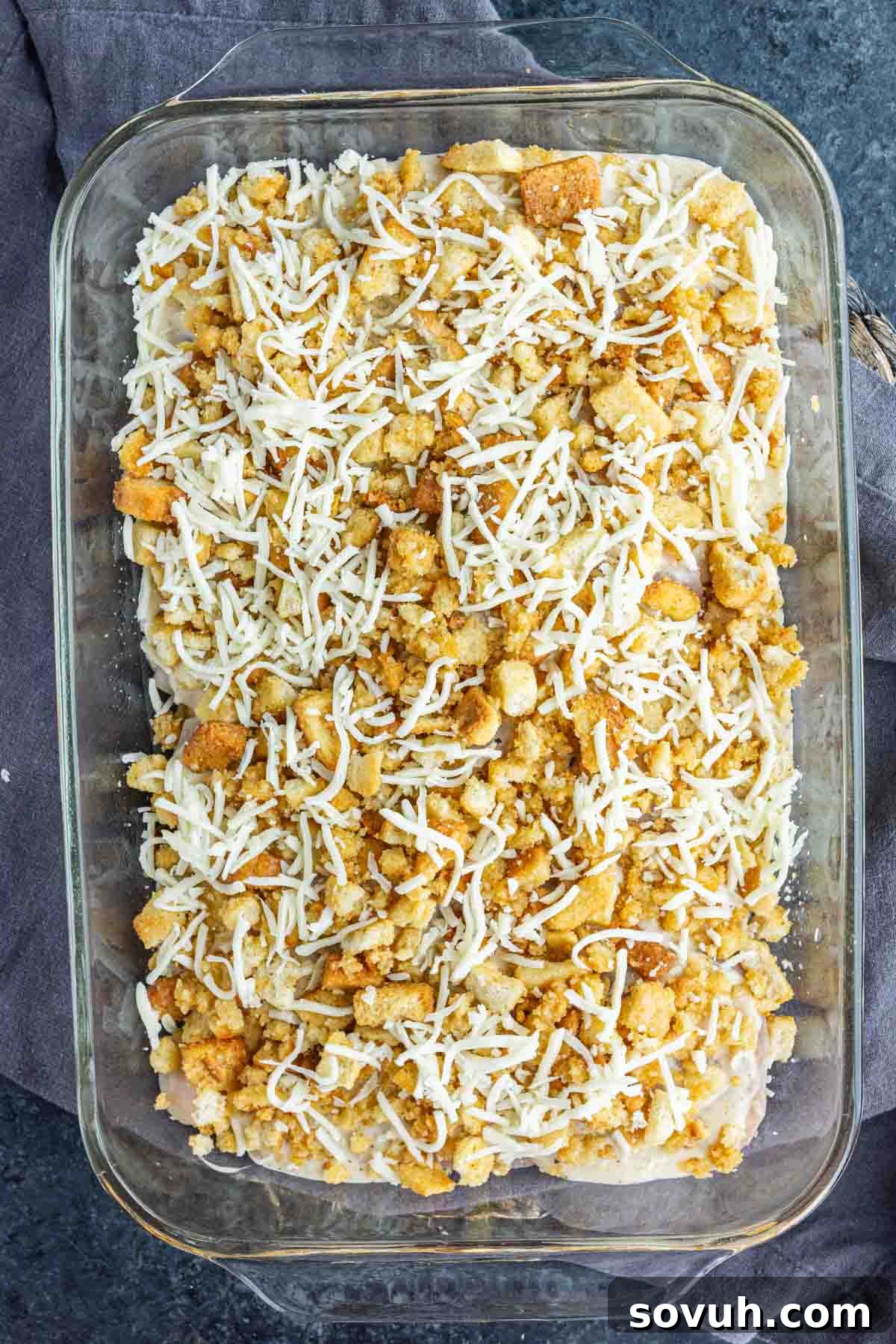 Mozzarella cheese layered over Caesar chicken