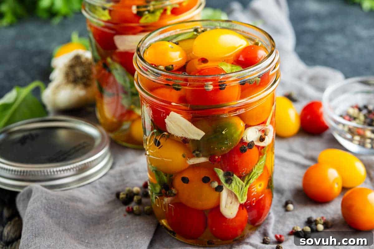 Two glass jars filled with pickled cherry tomatoes, herbs, garlic slices, and peppercorns, with loose tomatoes and peppercorns scattered nearby. One jar lid is off and resting on the table—showcasing exactly how to pickle cherry tomatoes at home.